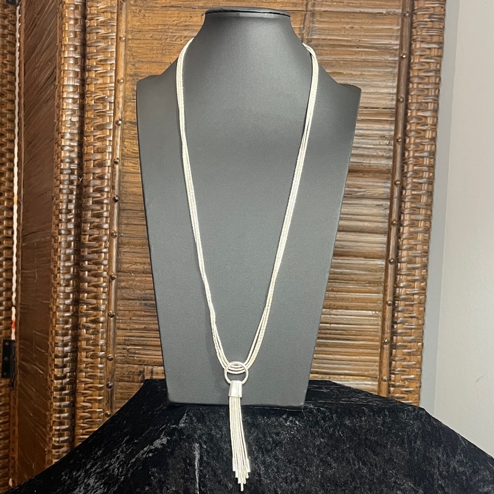 Vintage Dana Buchman Long Three Strand Silver Tone Necklace with Tassel Pendant